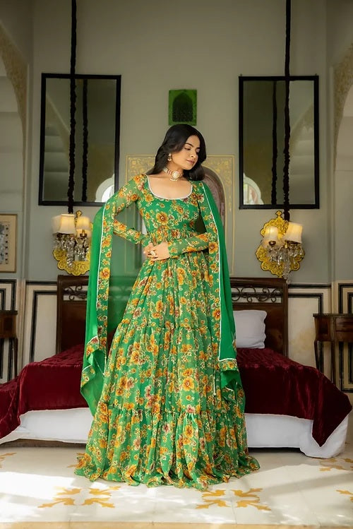 Green Colour Digital Flower Printed Anarkali Gown For Women