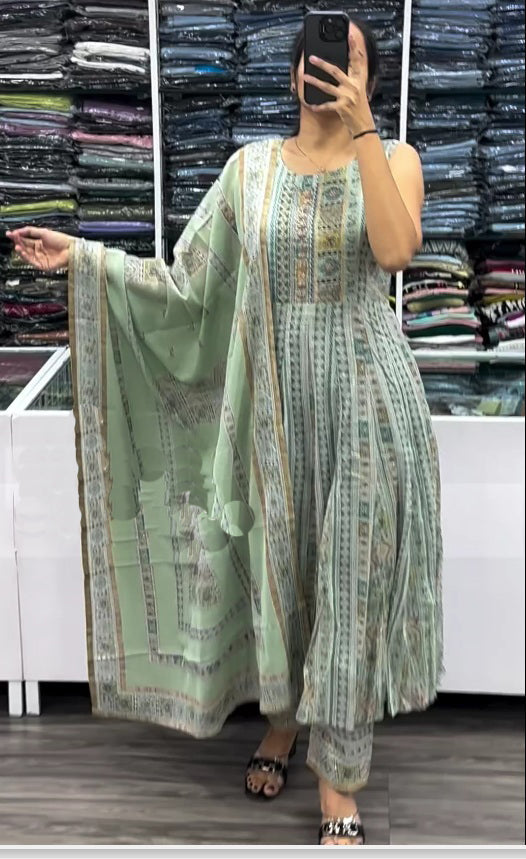 Light Green printed ankle length Kurta set with Pant and dupatta