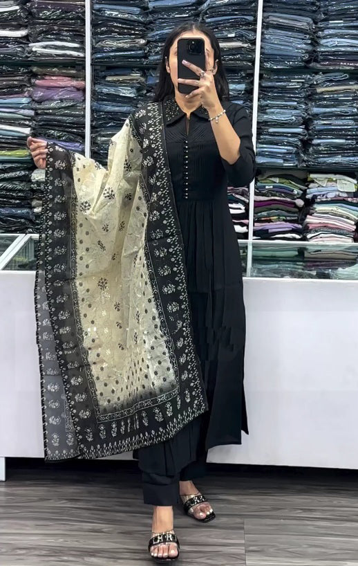 Black Colour Nack Kurta, Trouser/Pant & Dupatta Set