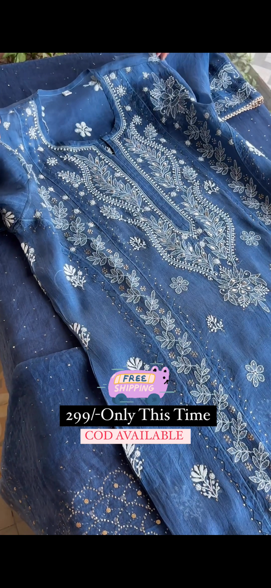 CHIKANKARI ORGANZA APPLIQUE TOP & DUP & PENT SET PRUSSIAN BLUE COLOUR