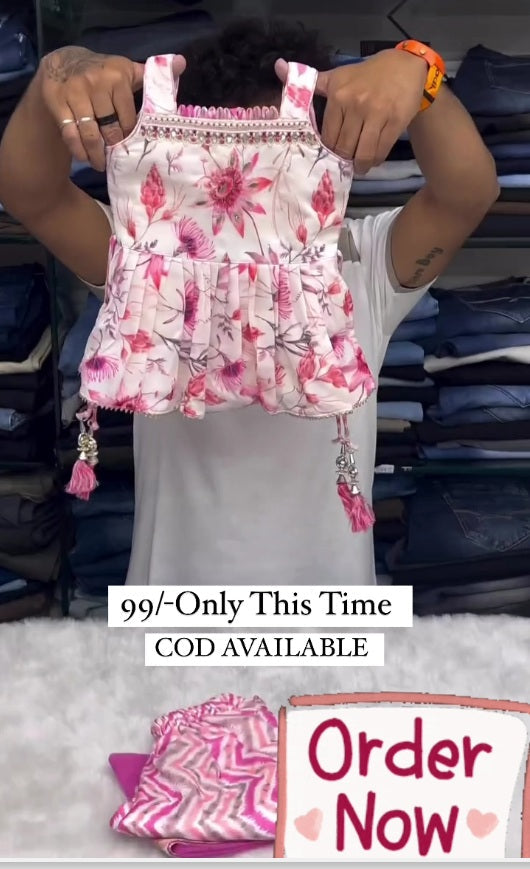 GIrls Embroidered Kurti, Multicolor Zig-Zag Dhoti & Dupatta - Stylish Blouse Designs for Lehenga for Girls