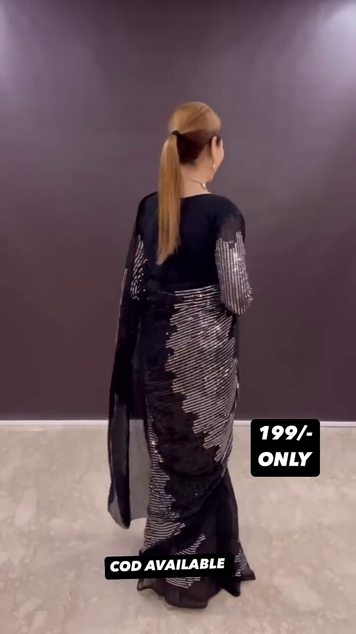 Faux georgette sequin saree gown with heavy handwork