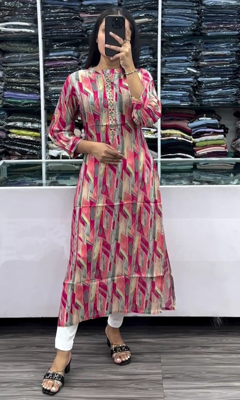 Straight style Rayon fabric Pink color Leheriya printed kurta with Thread and mirror work
