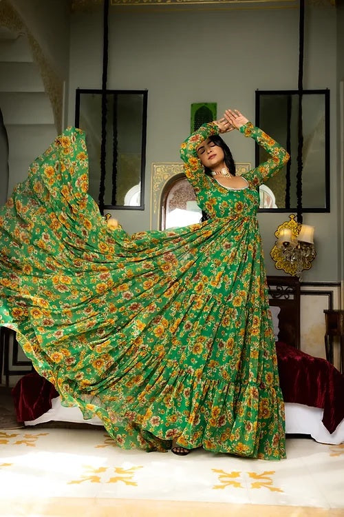 Green Colour Digital Flower Printed Anarkali Gown For Women