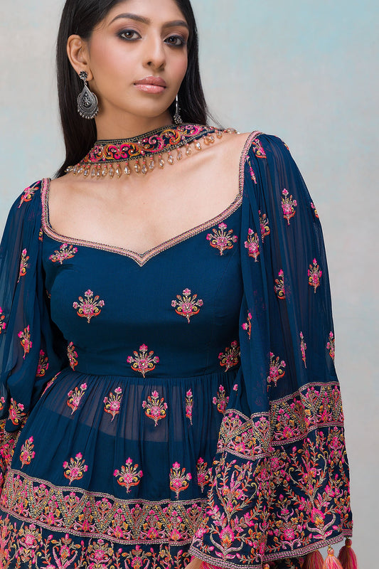 Dark Midnight Blue Resham Embroidered Georgette Palazzo Suit