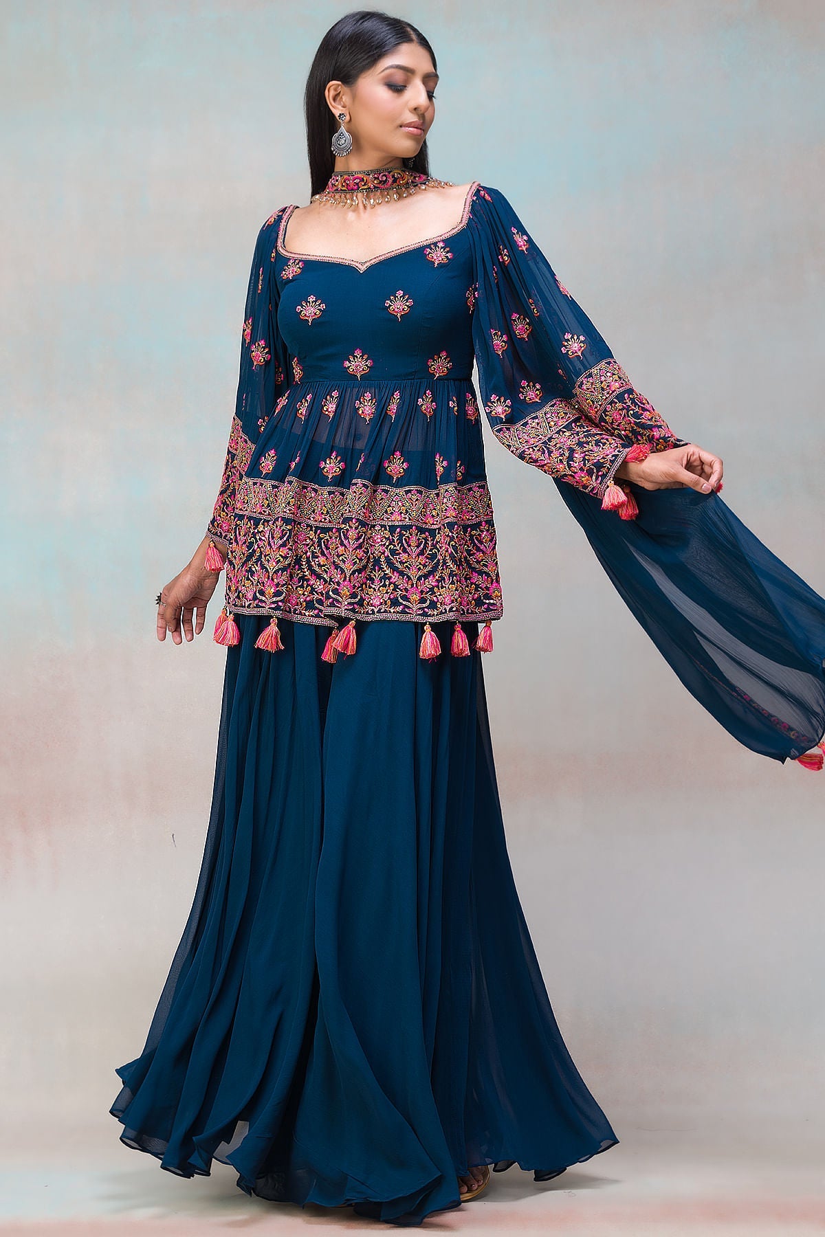 Dark Midnight Blue Resham Embroidered Georgette Palazzo Suit