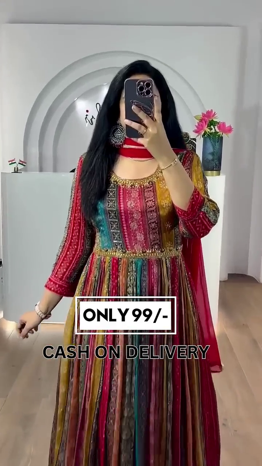 Women’s Digital Multi Color Stylish Floor Length Anarkali Thread Sequence Work Gown with Dupatta