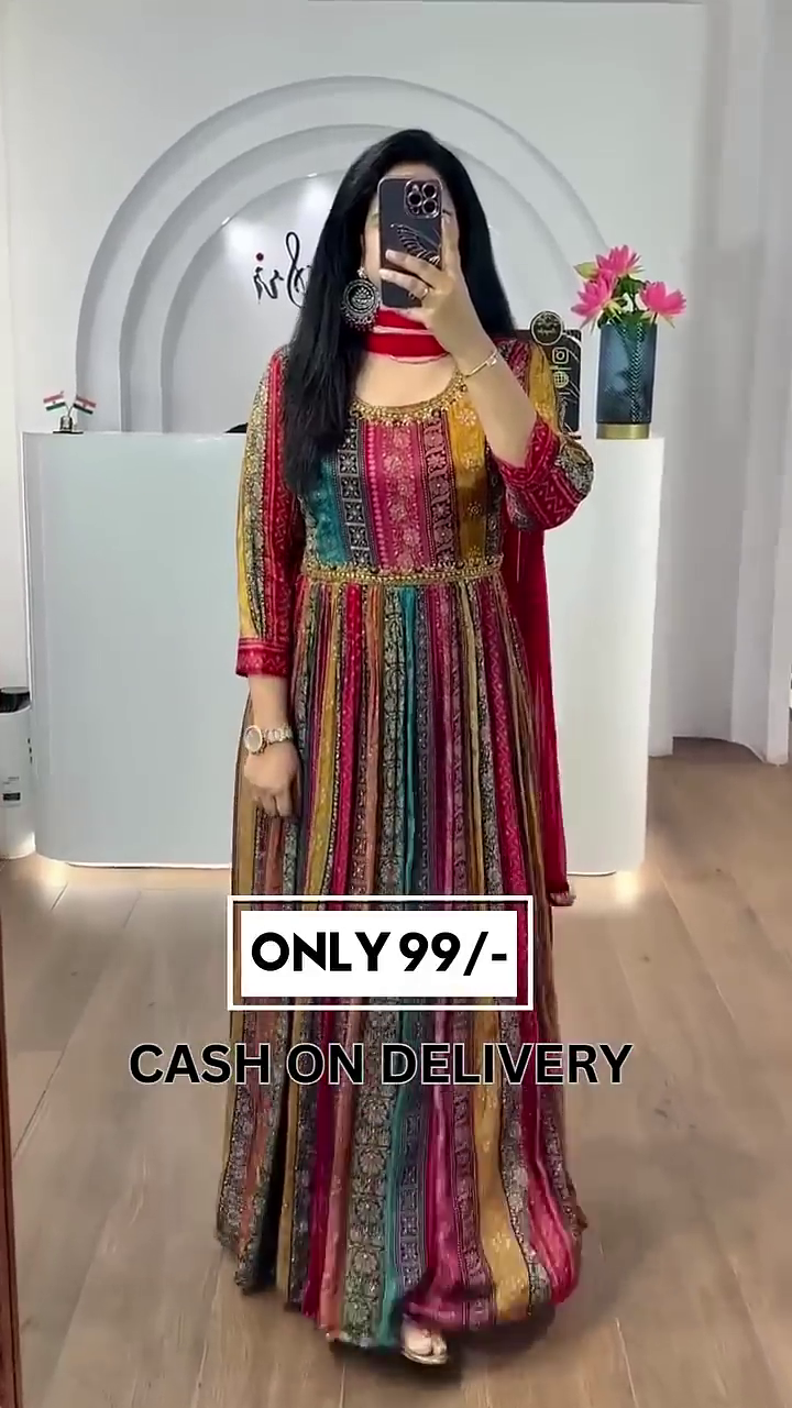 Women’s Digital Multi Color Stylish Floor Length Anarkali Thread Sequence Work Gown with Dupatta