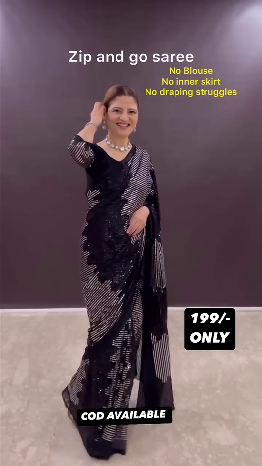 Faux georgette sequin saree gown with heavy handwork