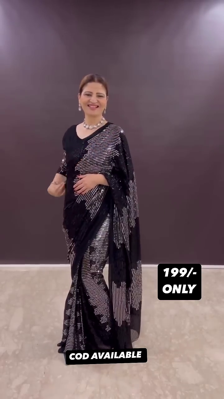 Faux georgette sequin saree gown with heavy handwork